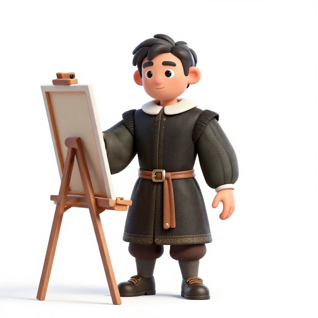 Renaissance painter at an easel isolated on a white background