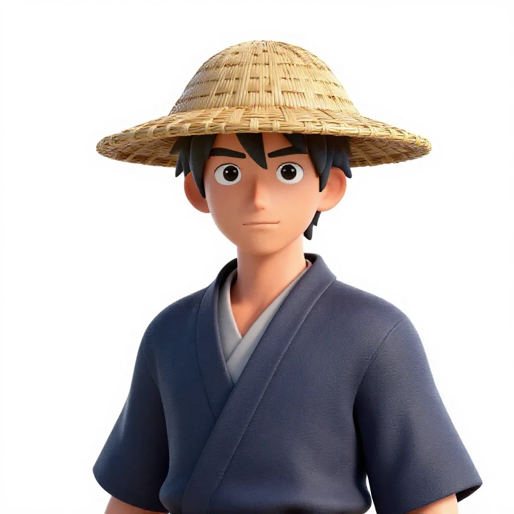 Ronin with a straw hat isolated on a white background