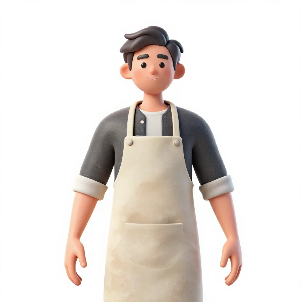 Ceramicist in a clay-dusted apron isolated on a white background