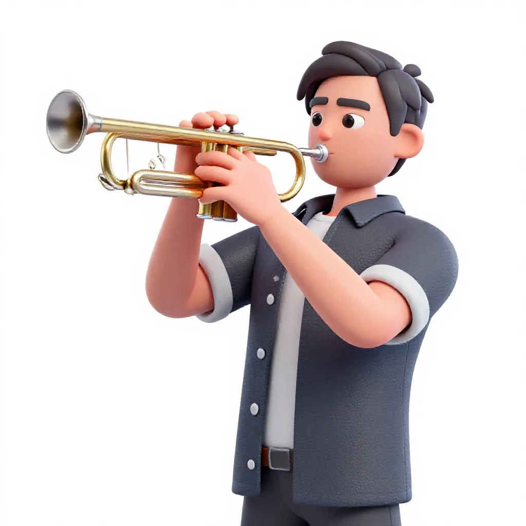 Jazz trumpeter mid-performance isolated on a white background