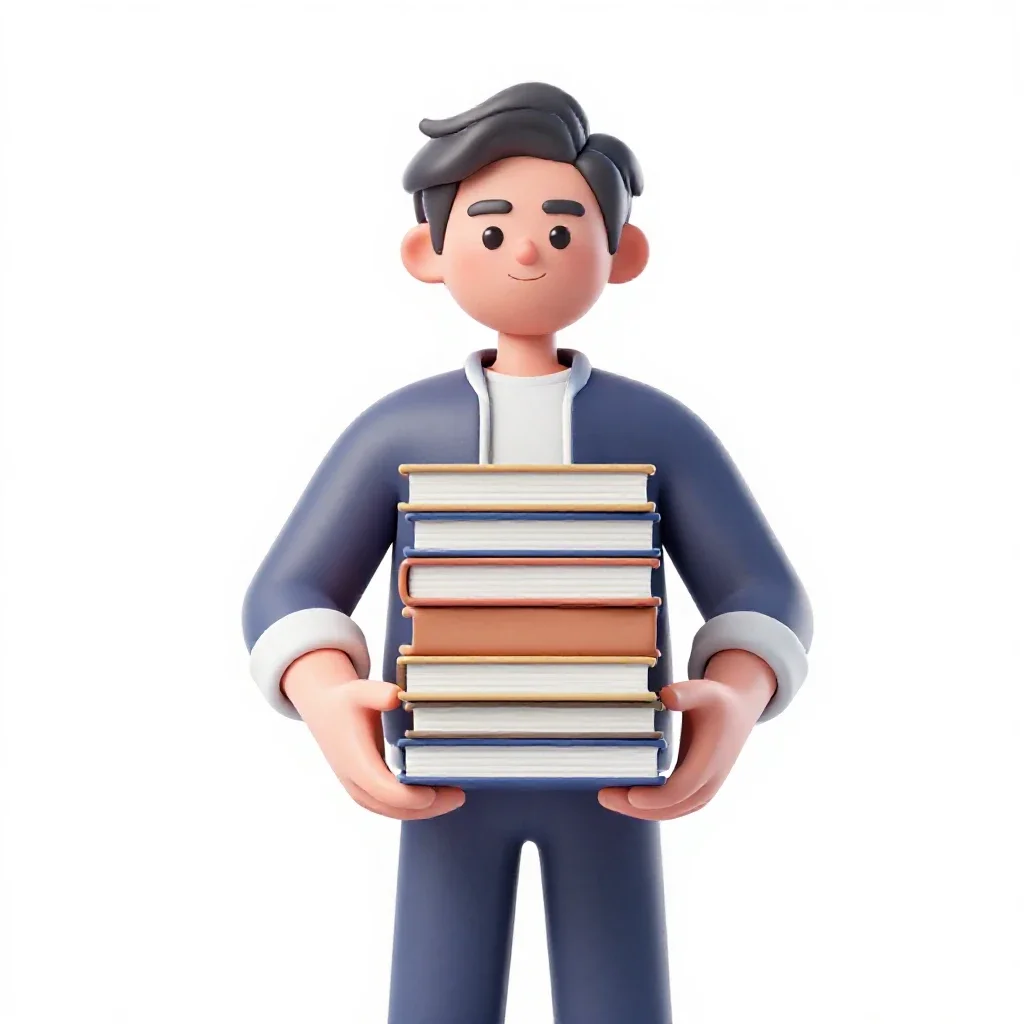 Librarian with a stack of books isolated on a white background