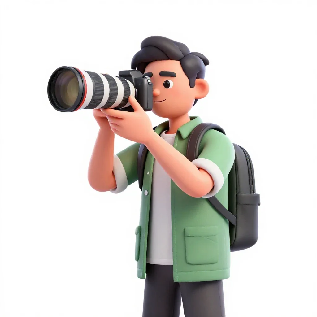 Wildlife photographer with a long lens isolated on a white background