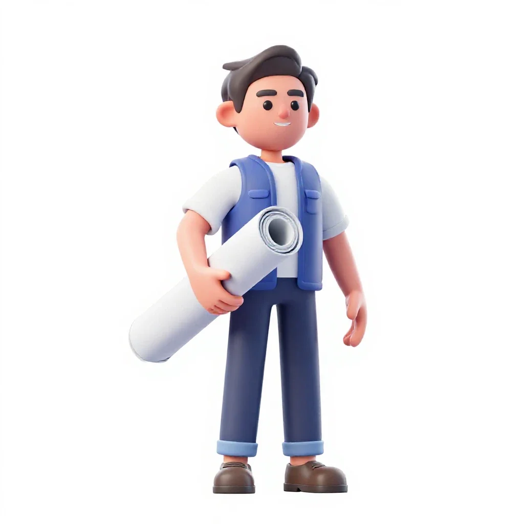 Architect carrying rolled plans isolated on a white background