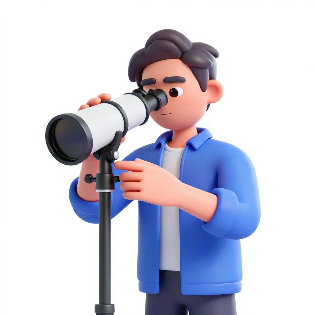 Astronomer at a telescope eyepiece isolated on a white background