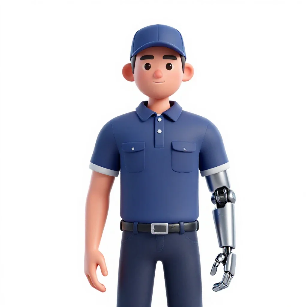 Courier with a cybernetic arm isolated on a white background