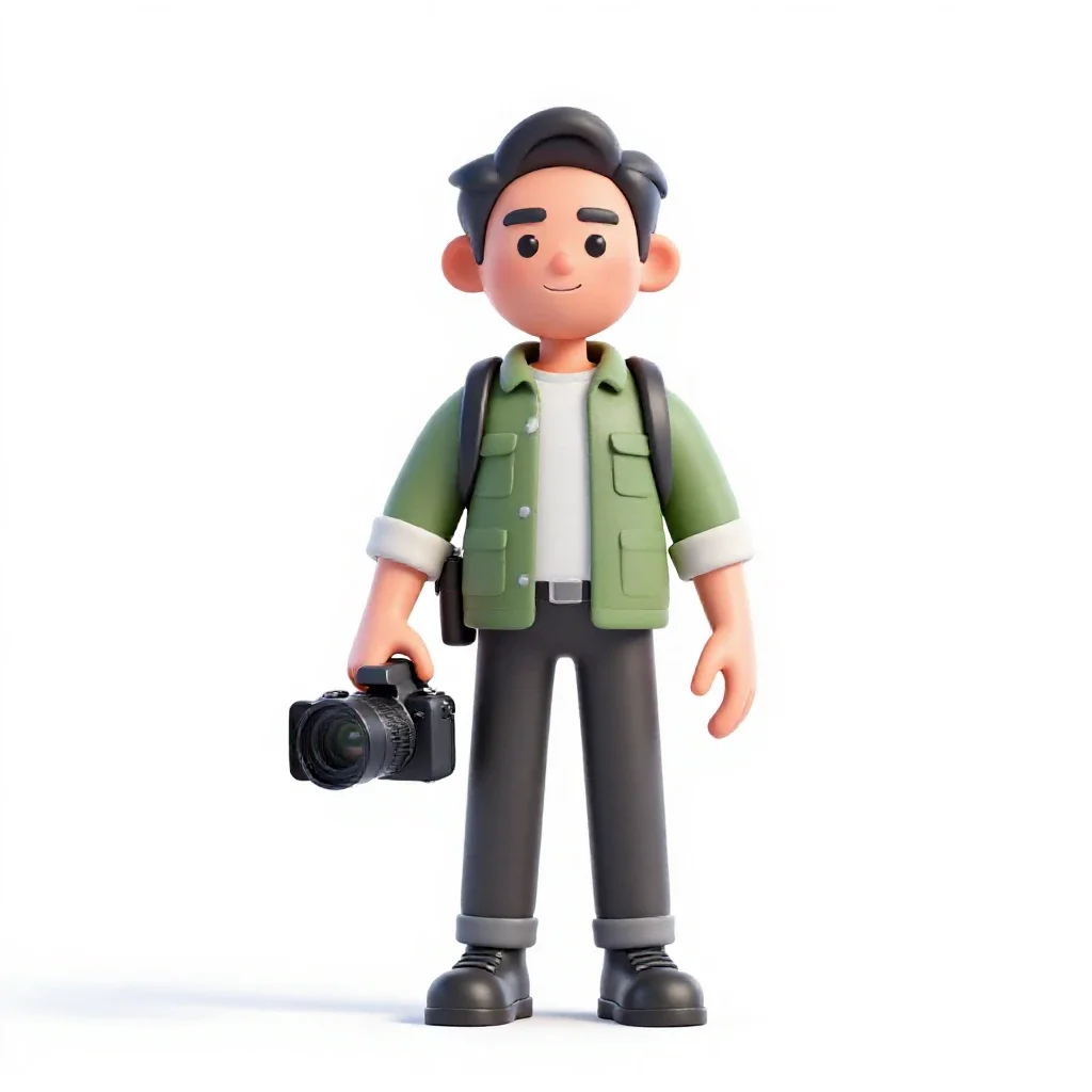 War correspondent with a hovering camera isolated on a white background