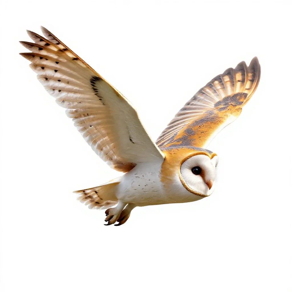 Barn owl in flight isolated on a white background