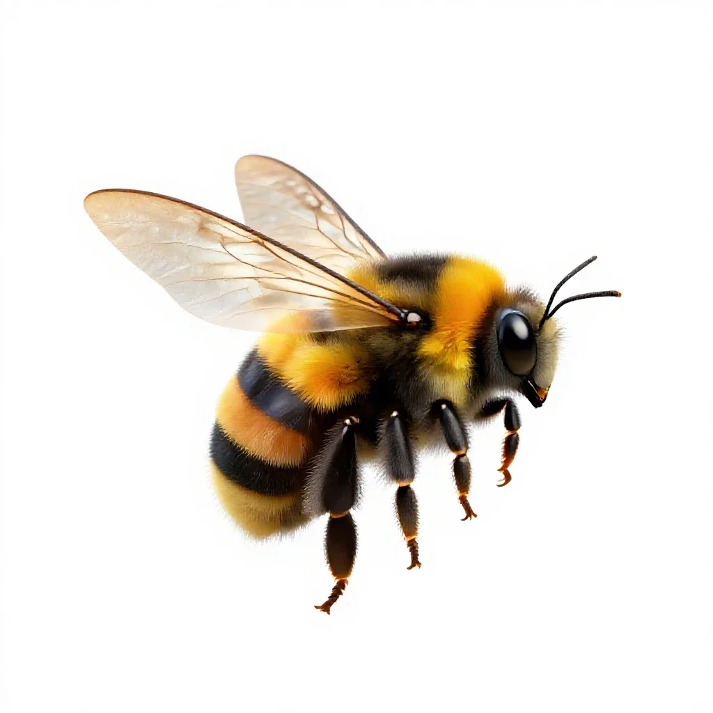 Bumblebee on approach isolated on a white background