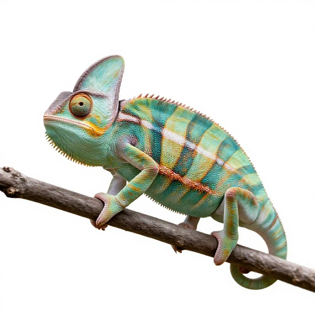 Chameleon on a branch isolated on a white background