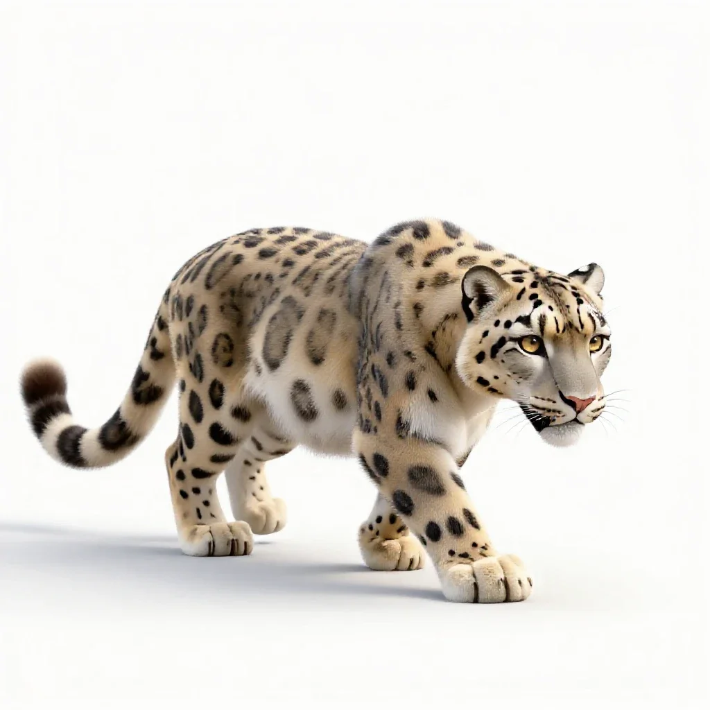 Snow leopard mid-prowl isolated on a white background