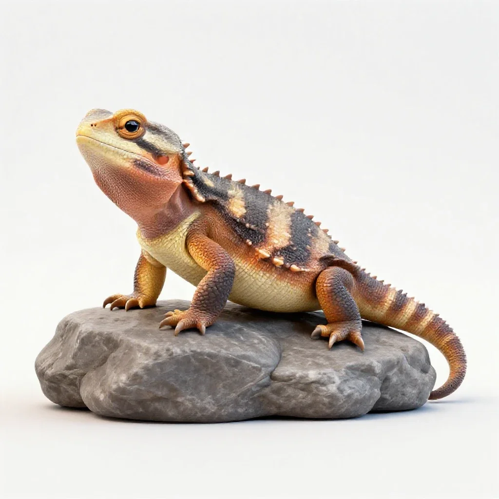 Tuatara on a rock isolated on a white background