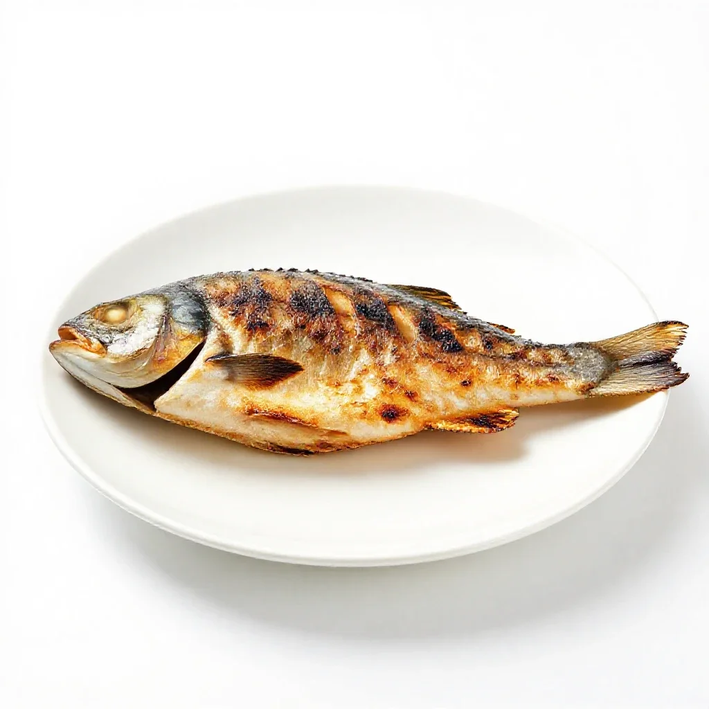 Grilled fish on a plate isolated on a white background