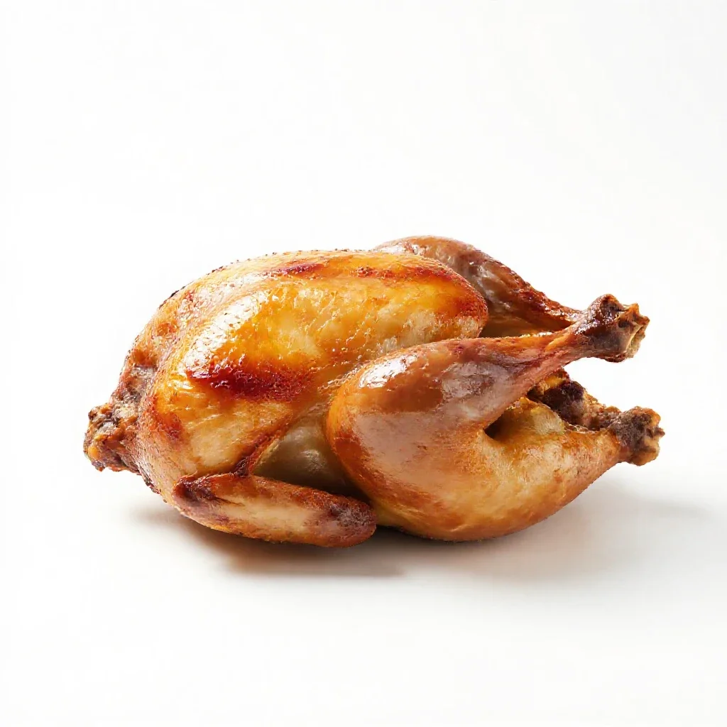 Roast chicken on a board isolated on a white background