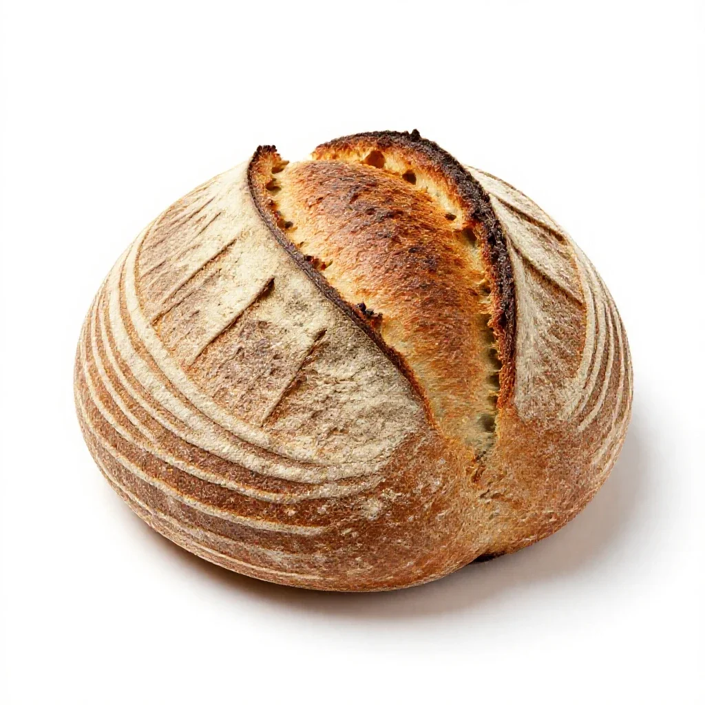 Sourdough boule with a scored crust isolated on a white background