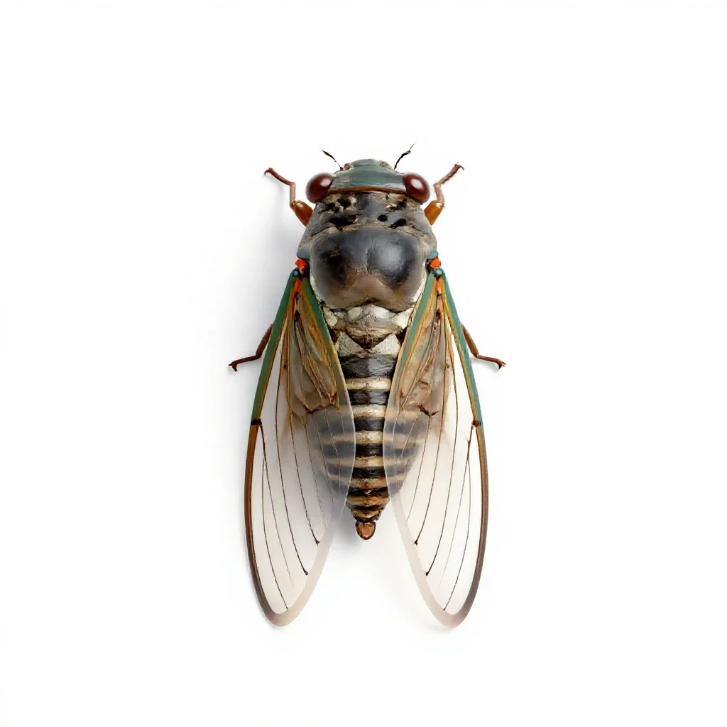 Cicada mid-song isolated on a white background