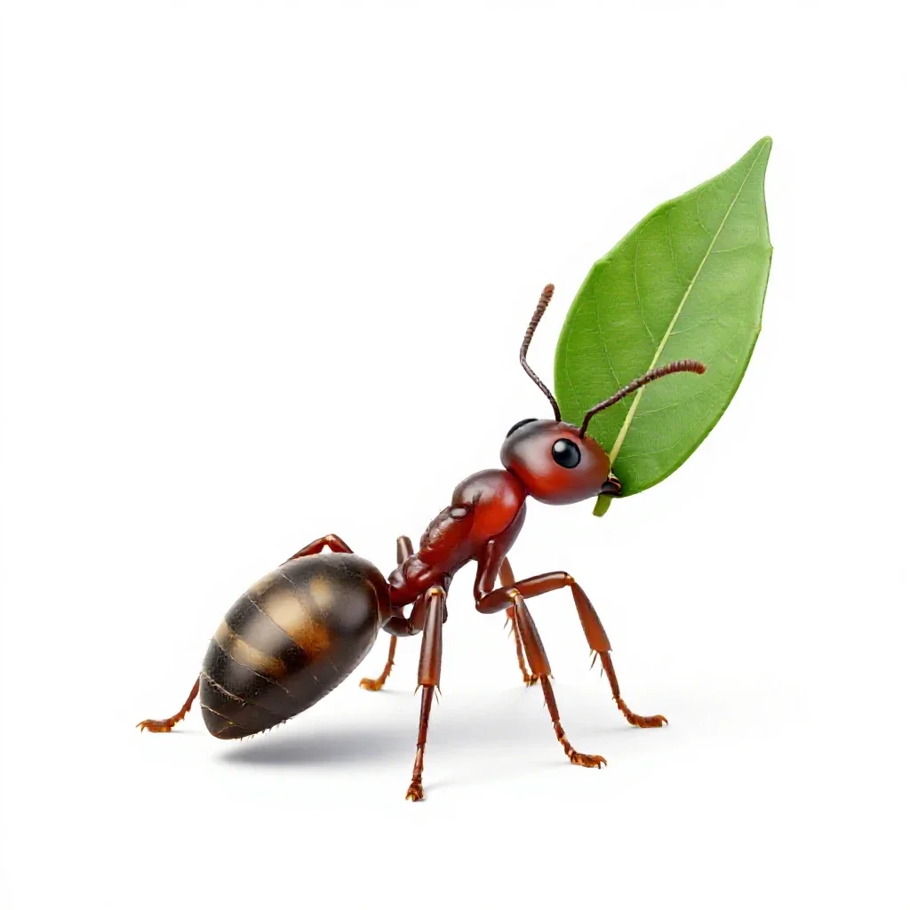 Leafcutter ant carrying a leaf isolated on a white background