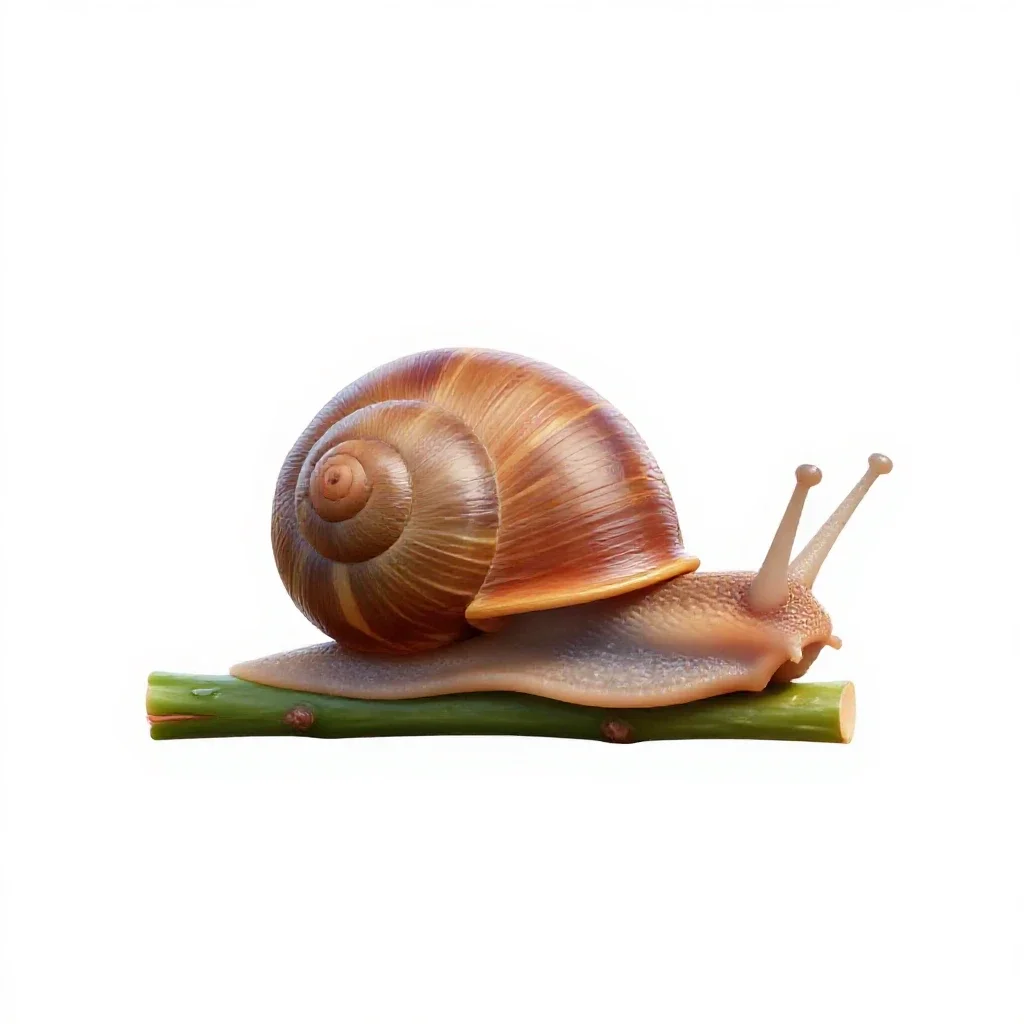 Snail on a wet stem isolated on a white background