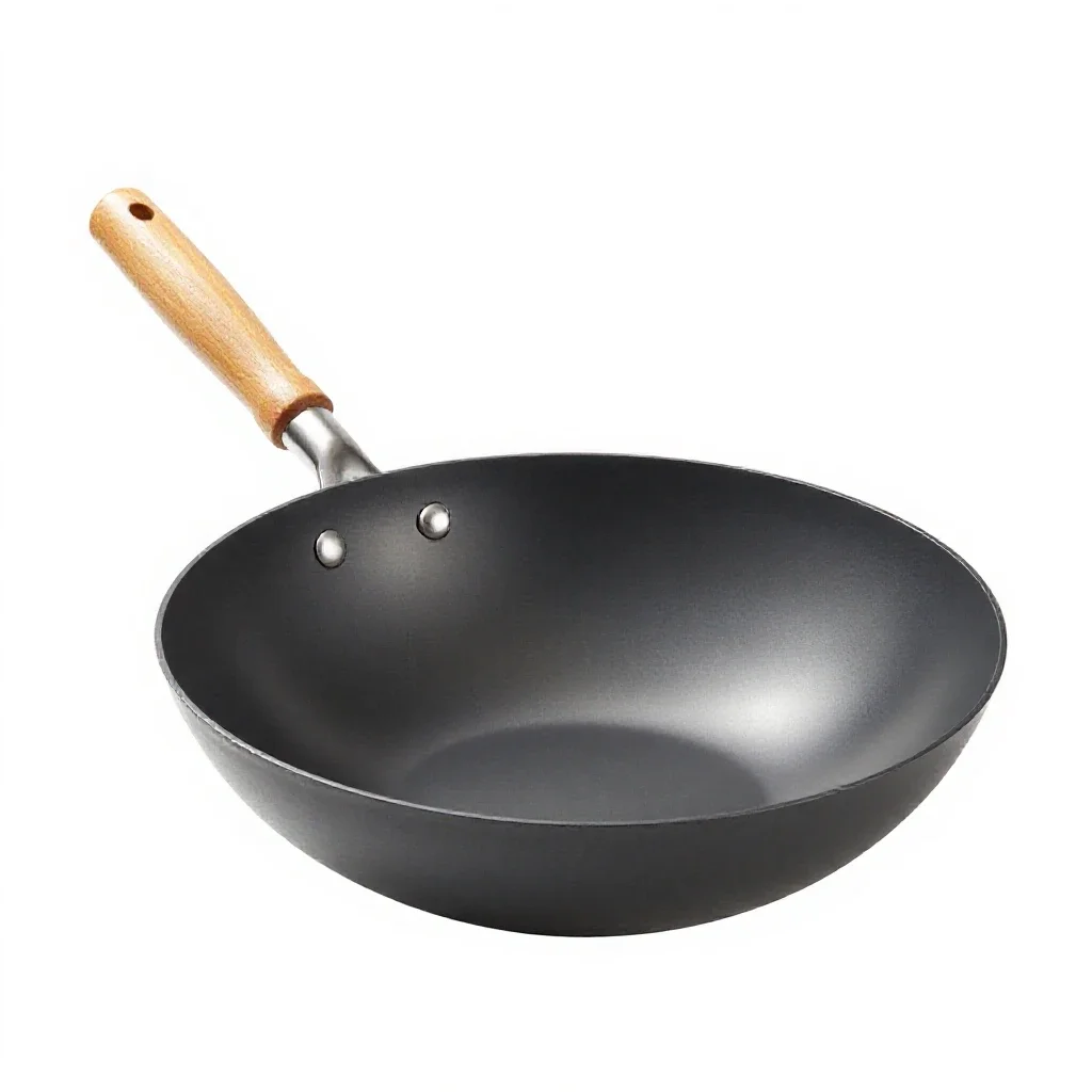 Wok with a wooden handle isolated on a white background