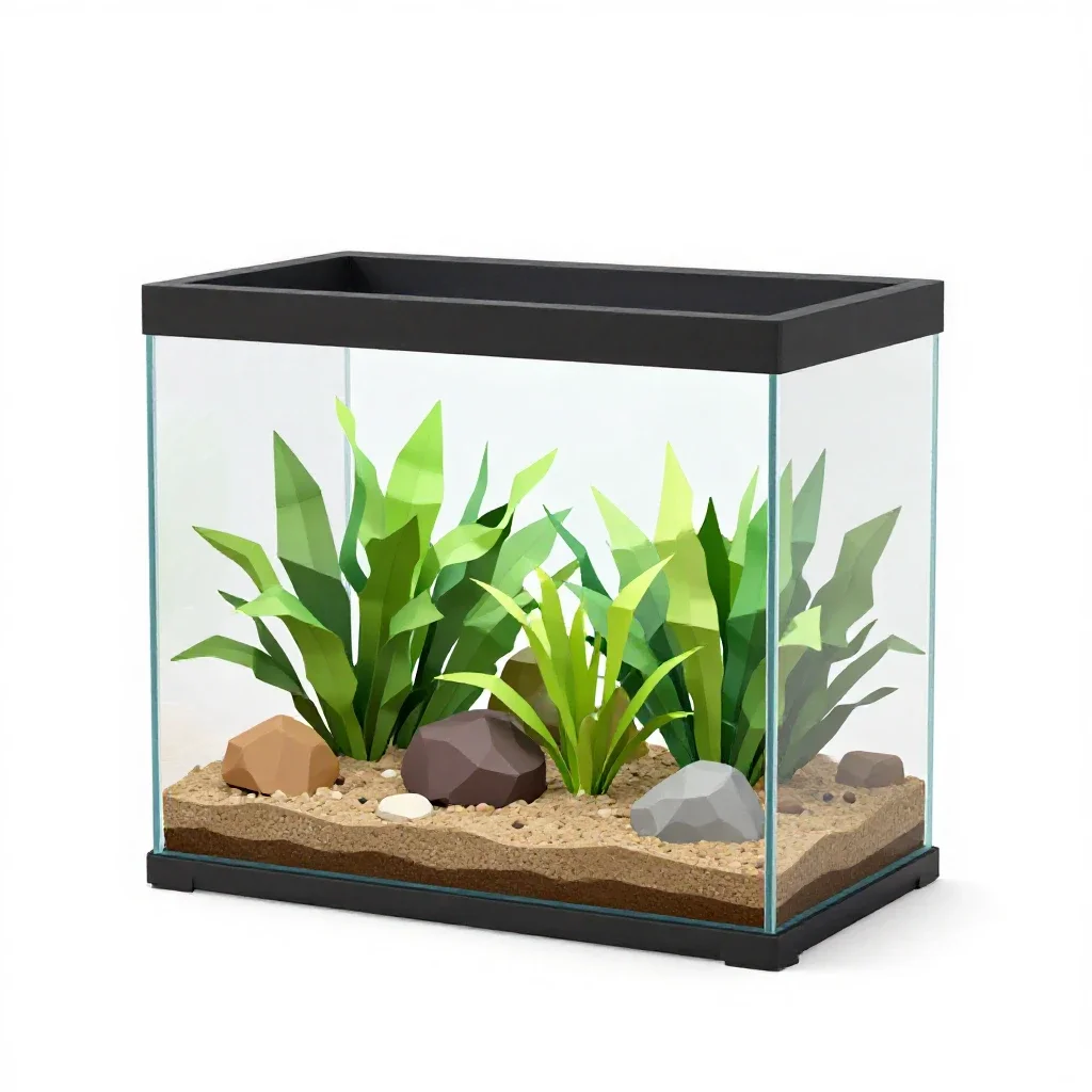 Aquarium with a planted substrate isolated on a white background