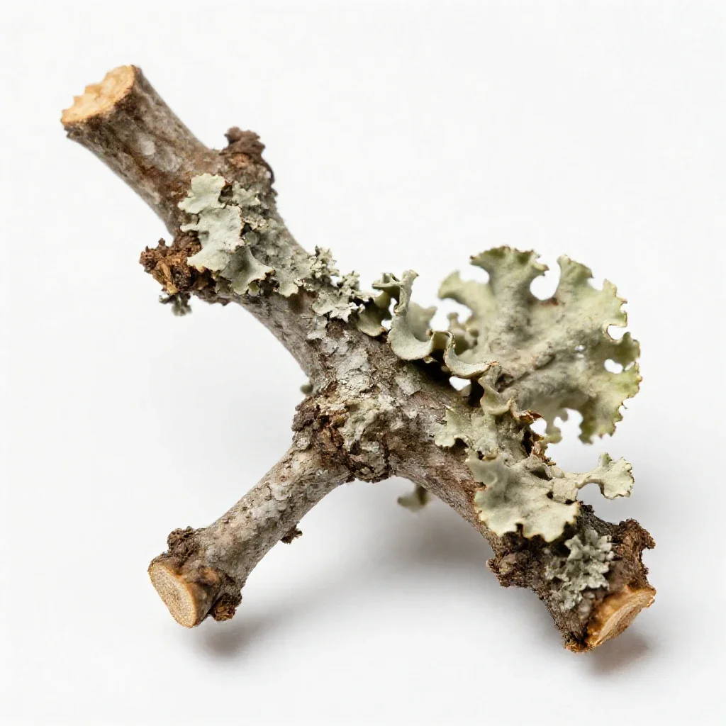 Lichen-covered twig isolated on a white background