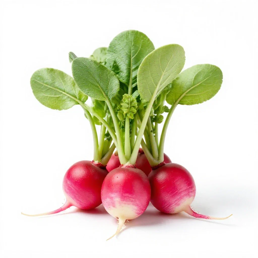 Bunch of radishes with tops isolated on a white background