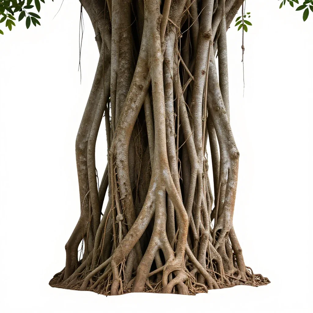 Banyan with aerial roots isolated on a white background