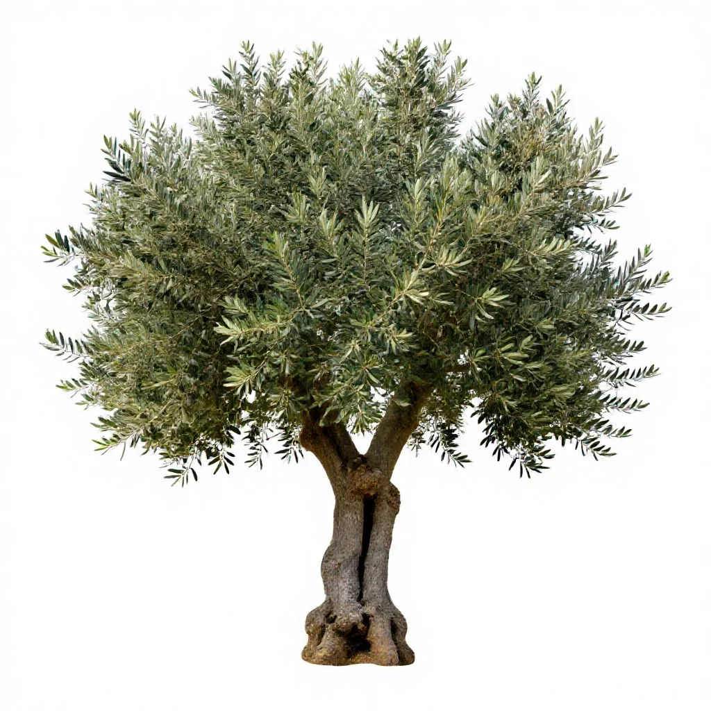 Olive tree with a gnarled trunk isolated on a white background