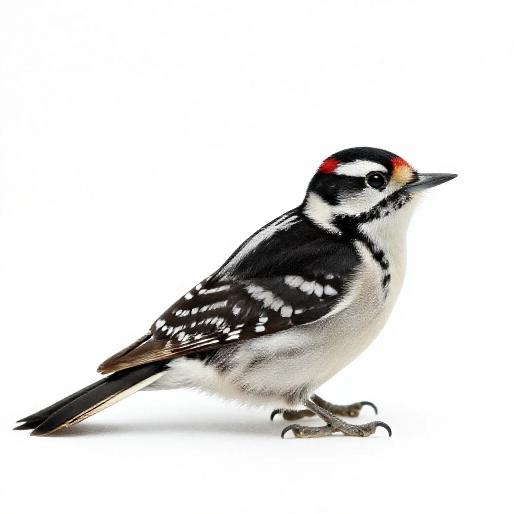 Downy woodpecker isolated on a white background