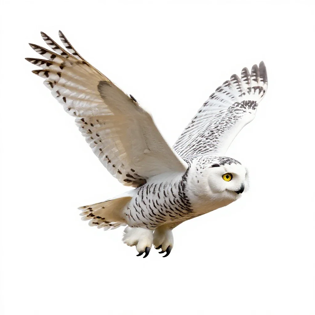 Snowy owl in flight isolated on a white background