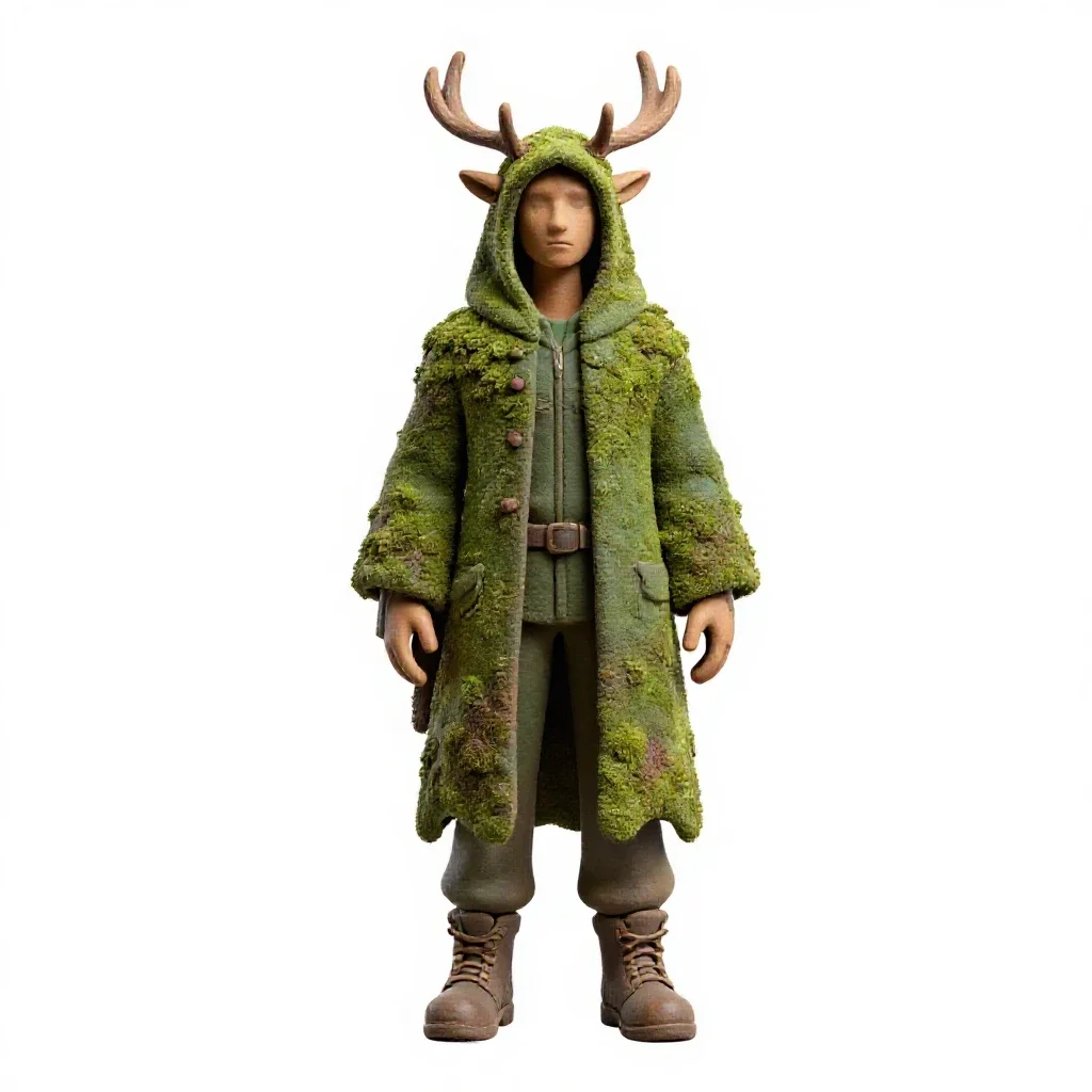 Druid cloaked in moss and antlers isolated on a white background