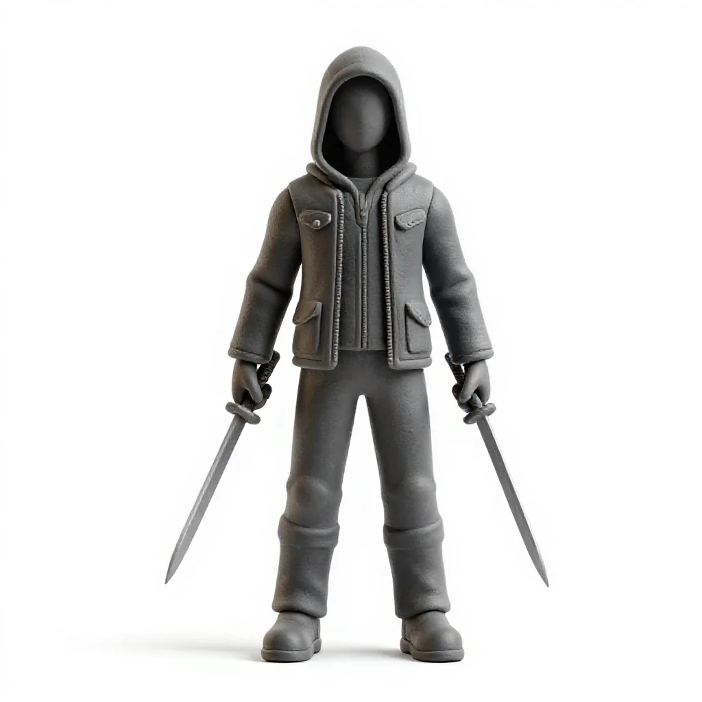 Hooded rogue with twin daggers isolated on a white background
