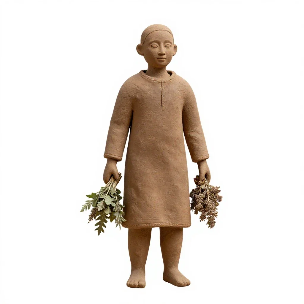 Village healer with herb bundles isolated on a white background