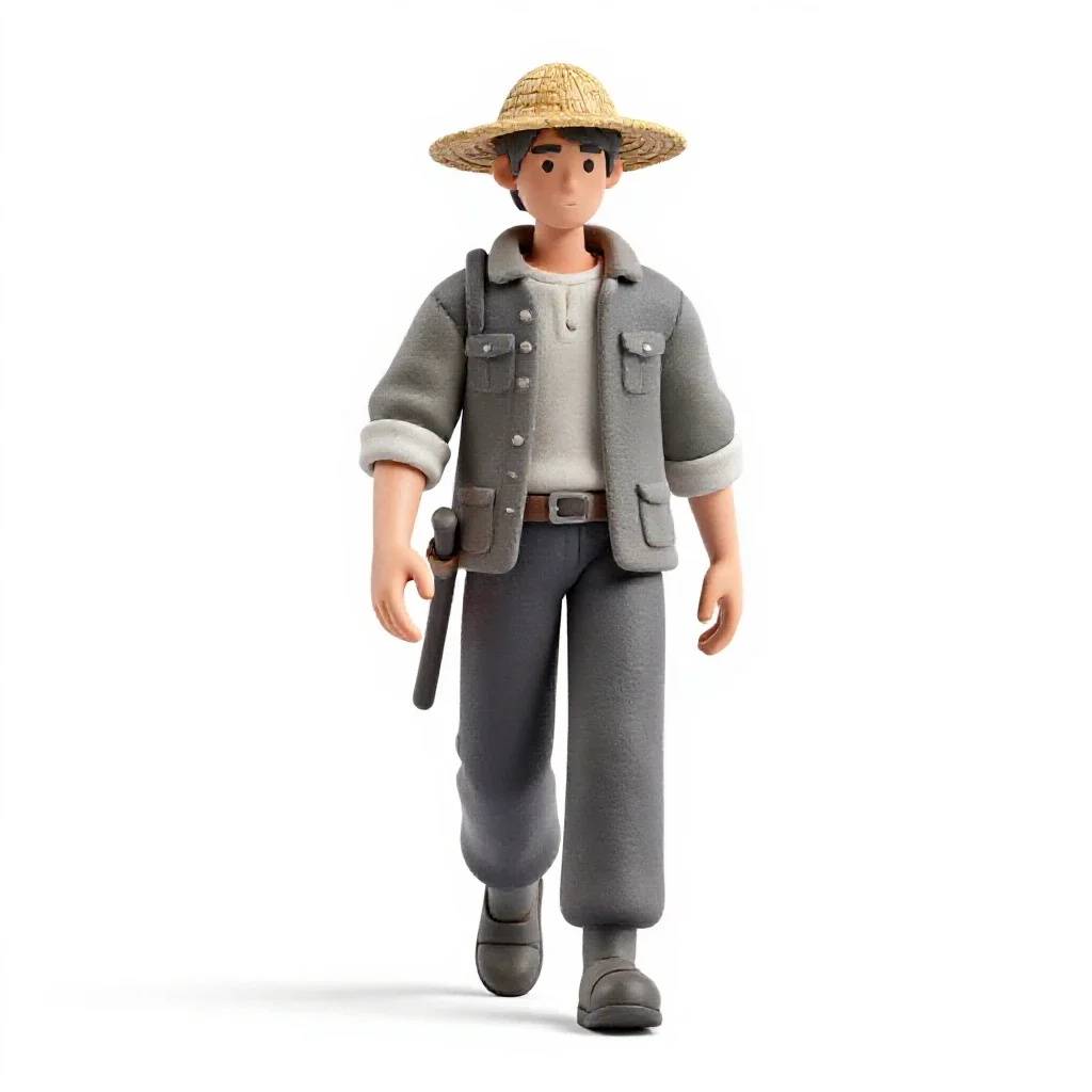 Wandering swordsman in a straw hat isolated on a white background