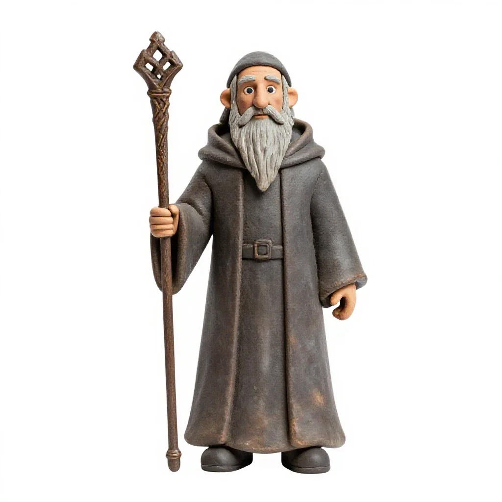 Elder wizard with a rune staff isolated on a white background