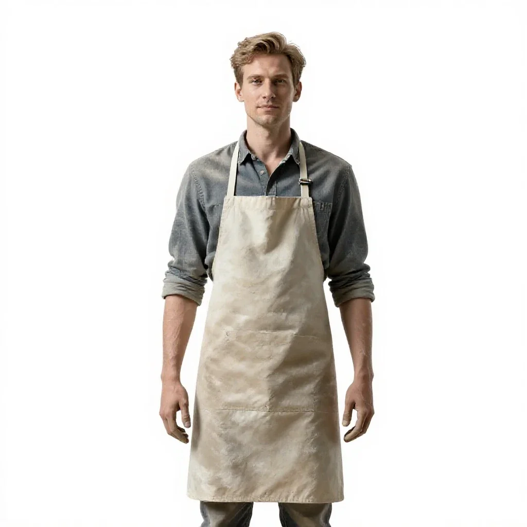 Ceramicist in a clay-dusted apron isolated on a white background