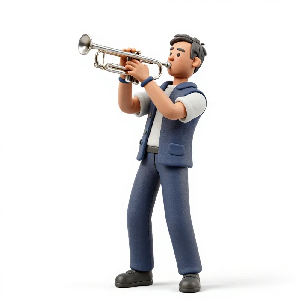 Jazz trumpeter mid-performance isolated on a white background