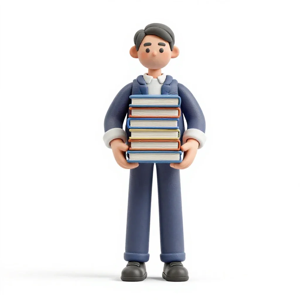 Librarian with a stack of books isolated on a white background