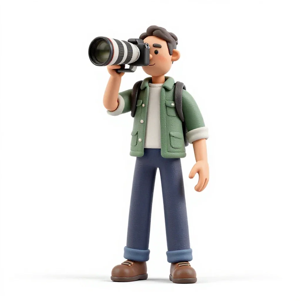 Wildlife photographer with a long lens isolated on a white background