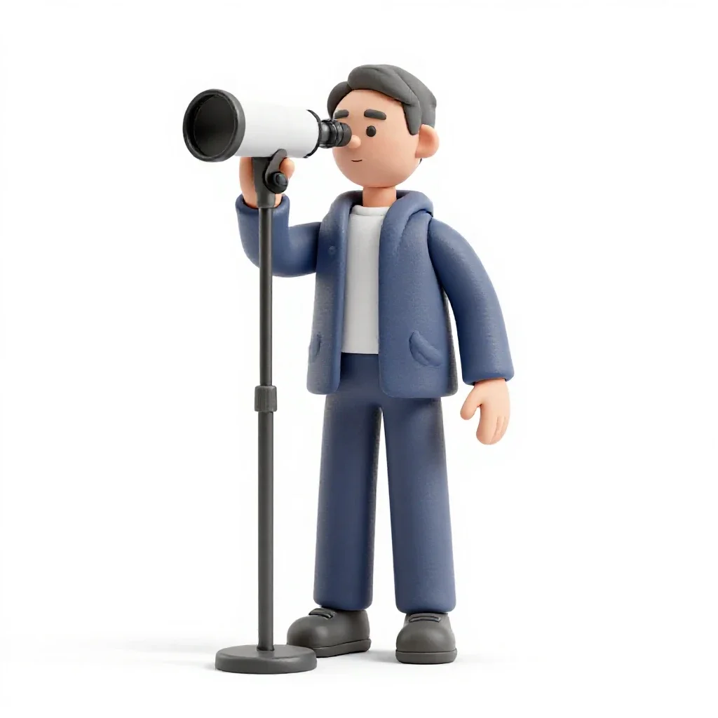 Astronomer at a telescope eyepiece isolated on a white background
