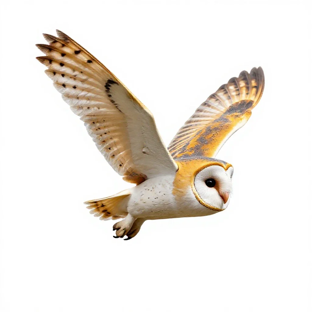 Barn owl in flight isolated on a white background