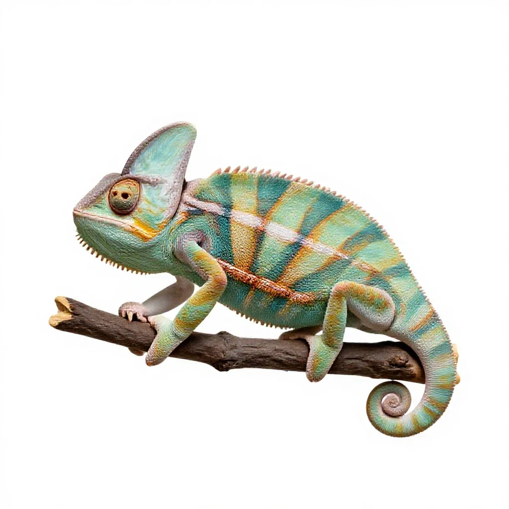 Chameleon on a branch isolated on a white background