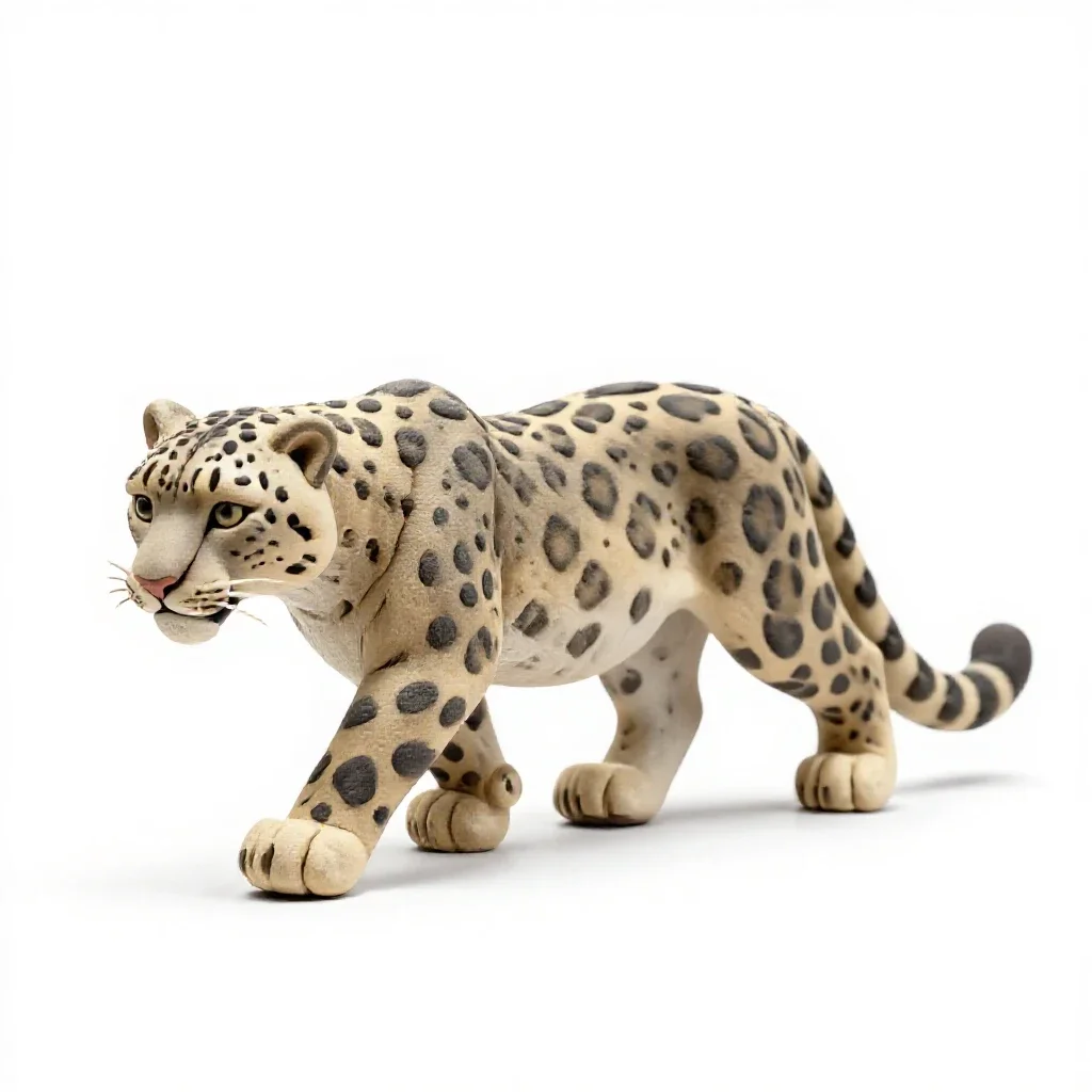 Snow leopard mid-prowl isolated on a white background