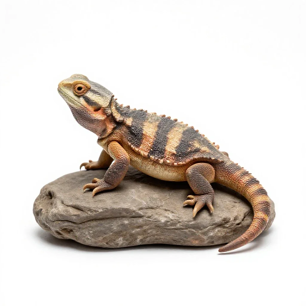 Tuatara on a rock isolated on a white background