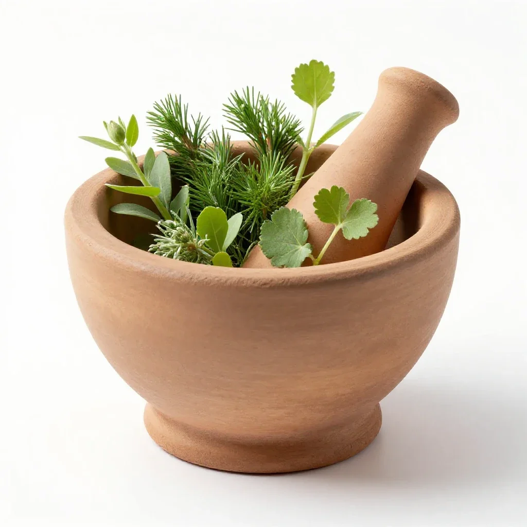 Mortar of glowing herbs isolated on a white background