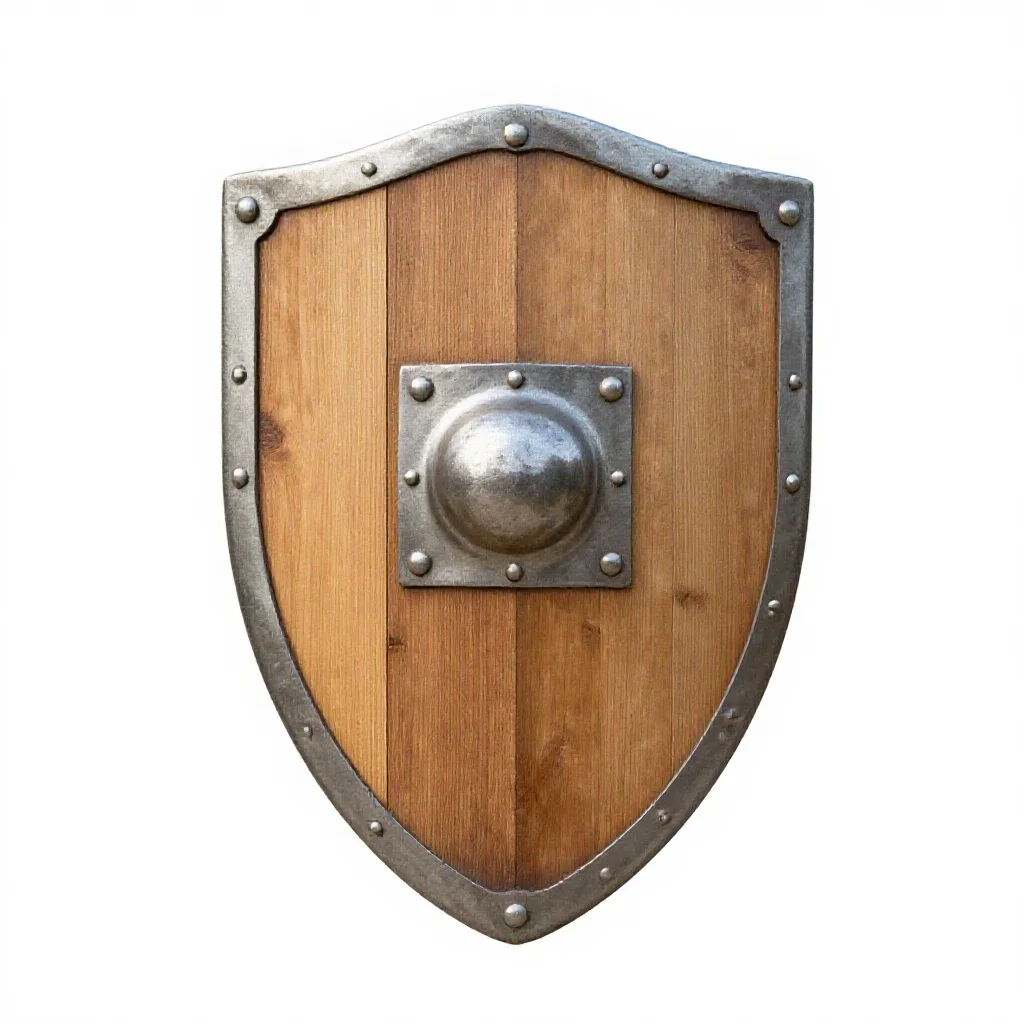 Wooden shield with an iron boss isolated on a white background