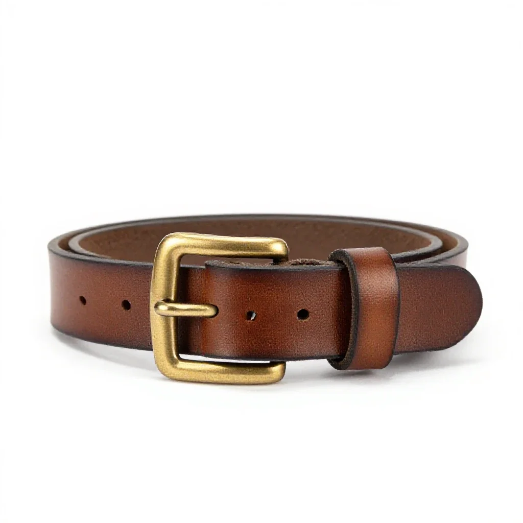 Leather belt with a brass buckle isolated on a white background