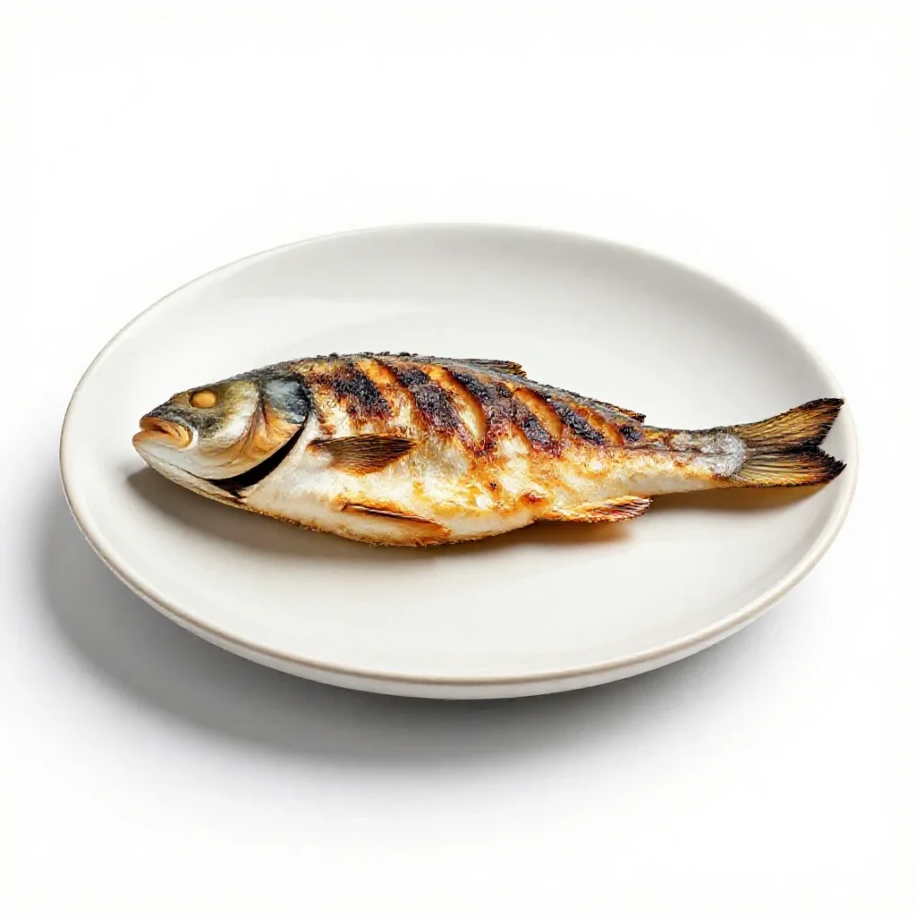 Grilled fish on a plate isolated on a white background