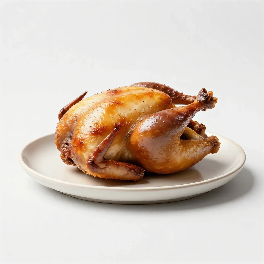 Roast chicken on a board isolated on a white background