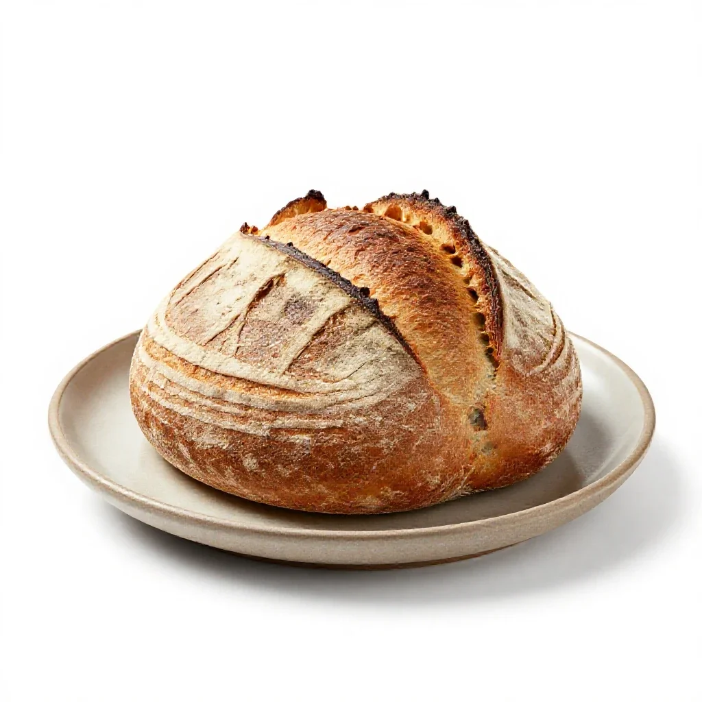 Sourdough boule with a scored crust isolated on a white background