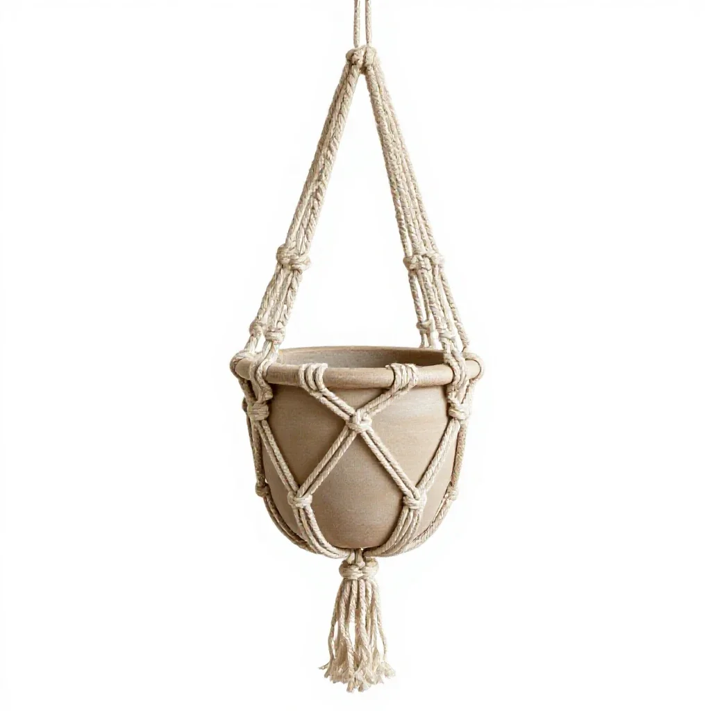 Hanging macrame planter isolated on a white background